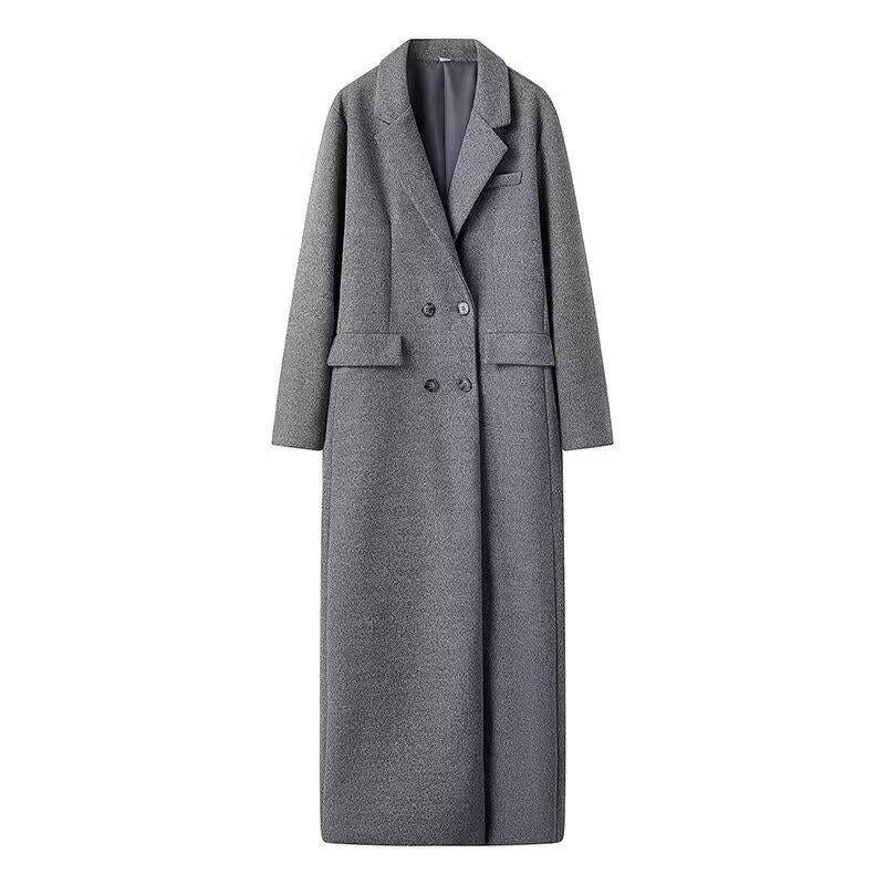 Damen eleganter langärmeliger Wollmantel mit Doppelreiher und hohen Taschen Drune
