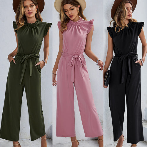Damen eleganter Jumpsuit mit Rüschendetails und taillierbarem Gürtel Drune