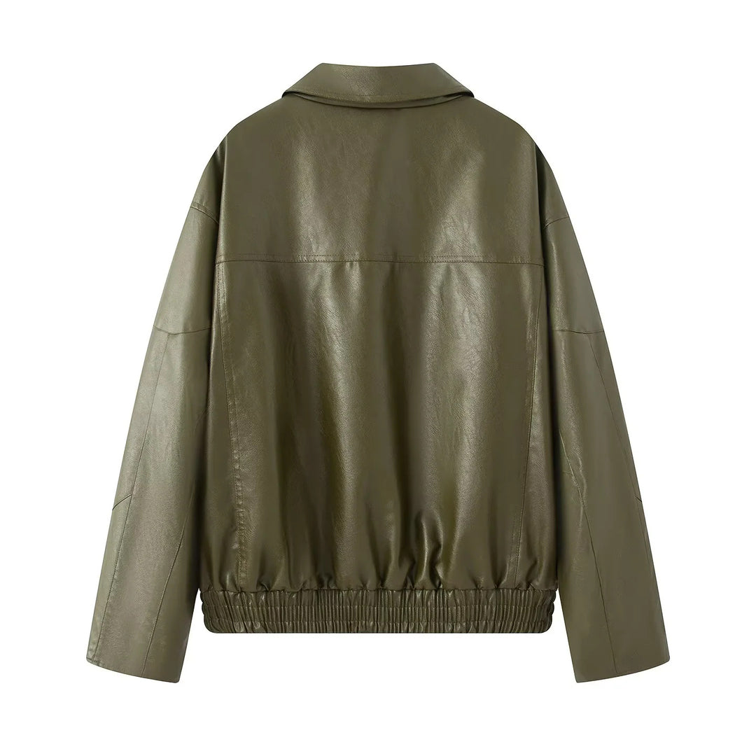 Damen modische Kunstlederjacke mit elastischem Saum und praktischen Taschen Drune