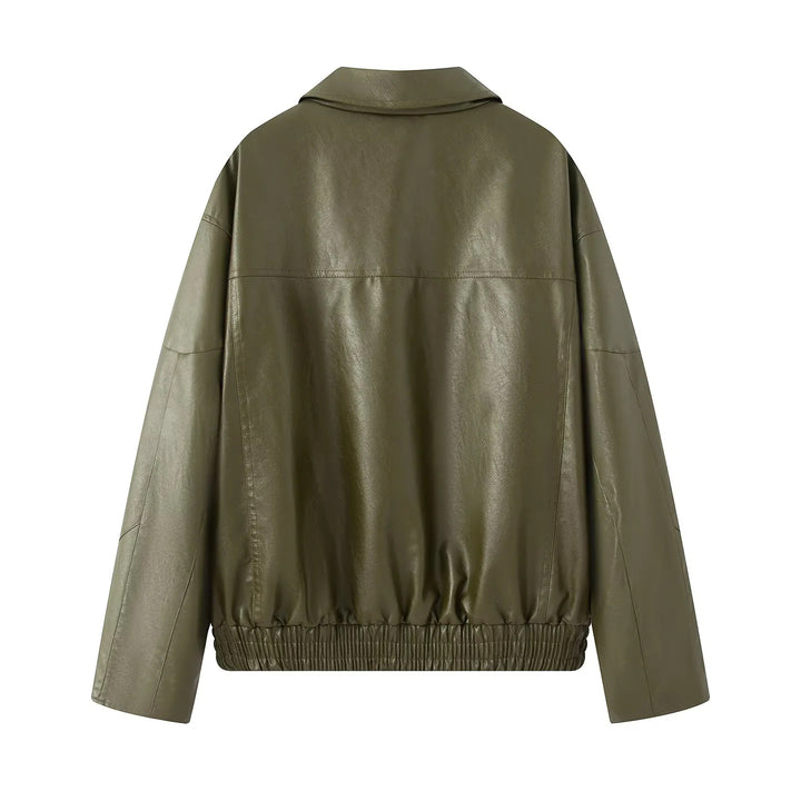 Damen modische Kunstlederjacke mit elastischem Saum und praktischen Taschen Drune