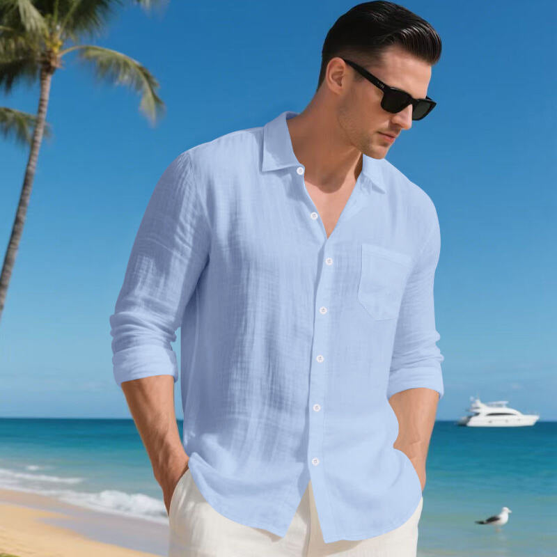 Herren nan Resort-Langarmhemd aus Leinenvoile mit offenem Kentkragen und aufgesetzter Brusttasche Drune