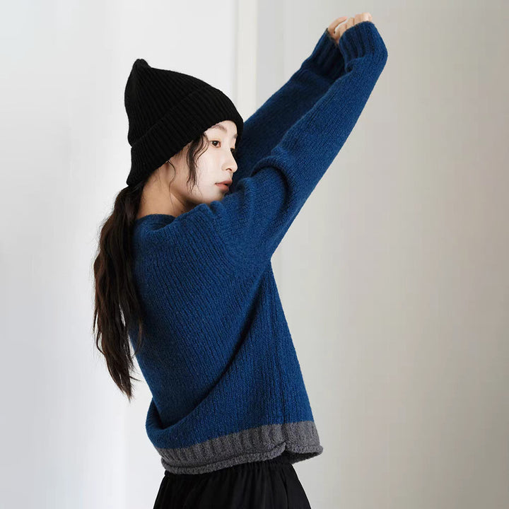 Damen grob gestrickter Pullover mit asymmetrischem Kragen und innovativer Knopfdetail Drune