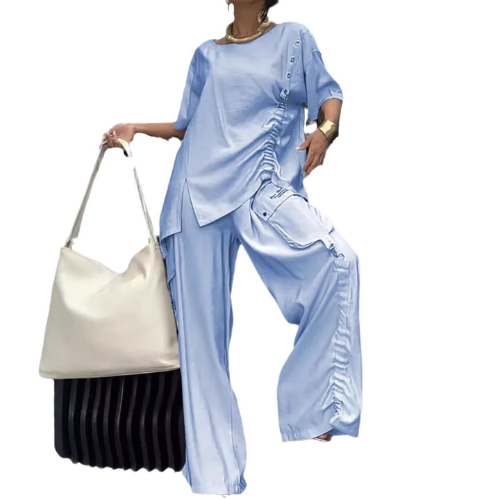 Damen nan lässiges zweiteiliges Ensemble mit geraffter Oversize-Bluse und Cargo-Palazzohose Drune