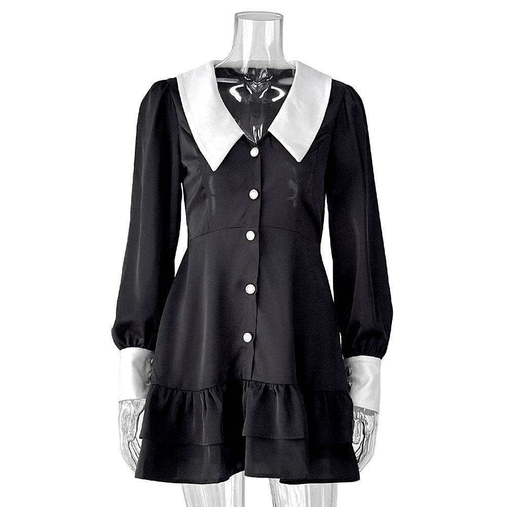 Damen Kleid mit Kontrastkragen und Rüschendetails Drune