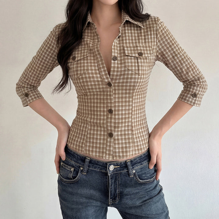 Damen Karierte Bluse mit tailliertem Schnitt und Brusttaschen Drune