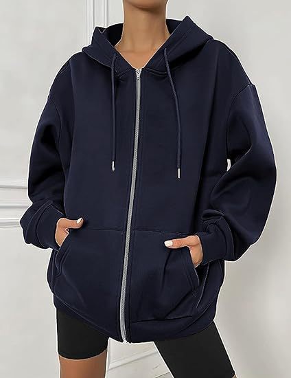 Damen nan oversized Zip-Kapuzenjacke mit kontrastierendem Reißverschluss, doppellagiger Kapuze und Kängurutasche Drune