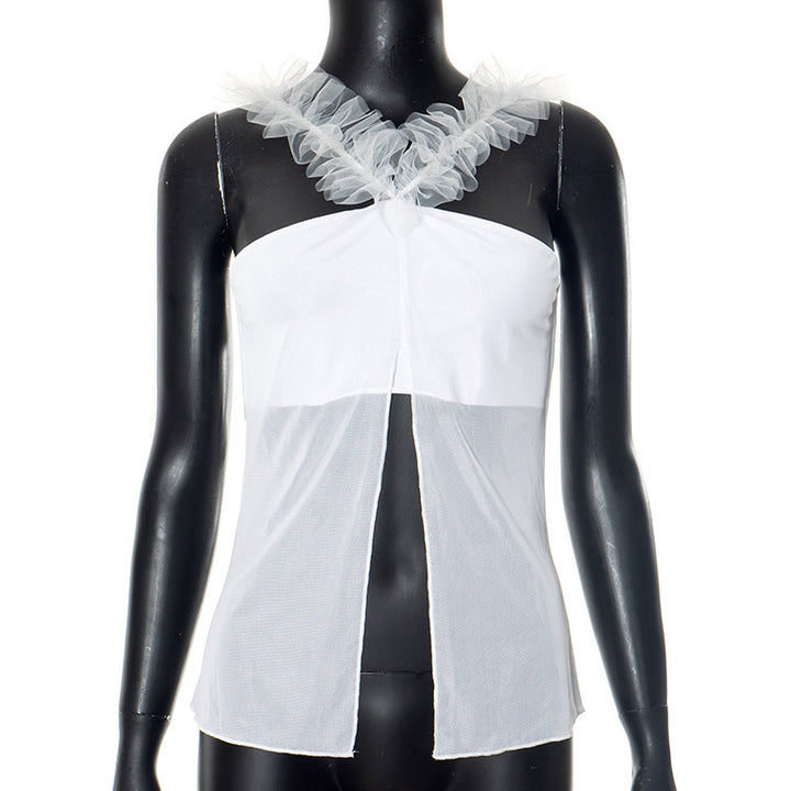 Damen Top mit transparentem Mesh-Einsatz und dekorativem Rüschendraht Drune