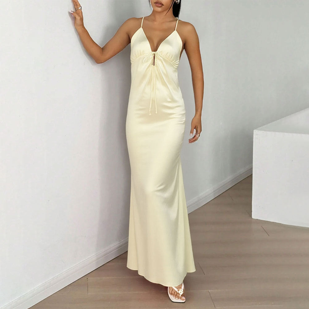 Damen Langarmkleid mit elegantem V-Ausschnitt und raffiniertem Schnürdetail Drune