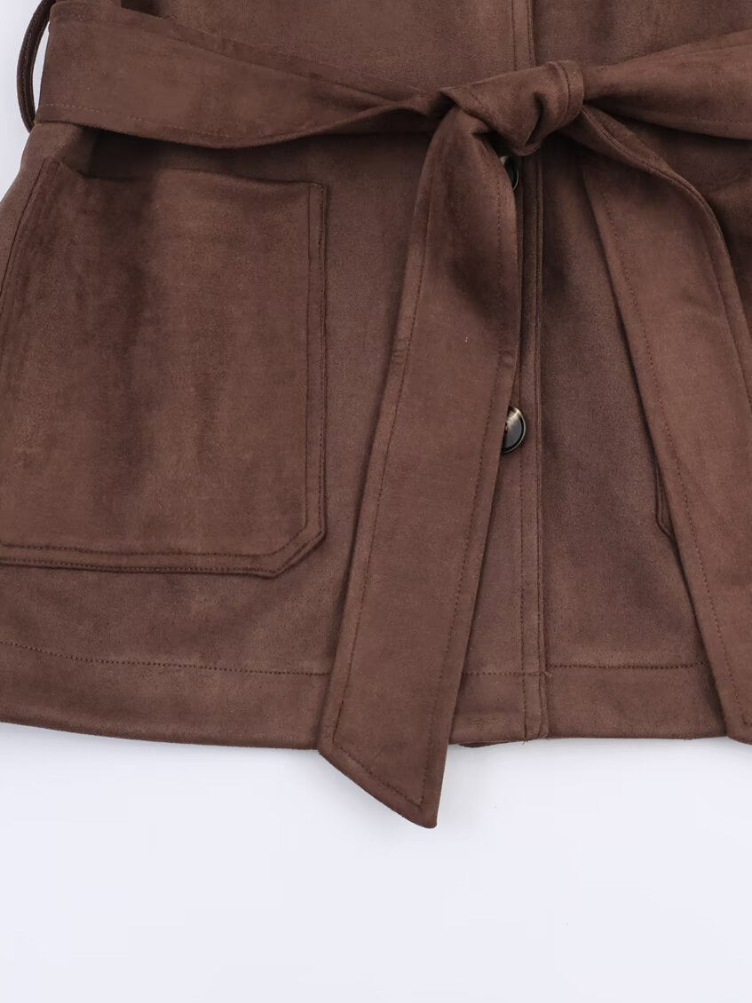 Damen eleganter Blazerjacke aus Kunstleder mit Taillengürtel Drune