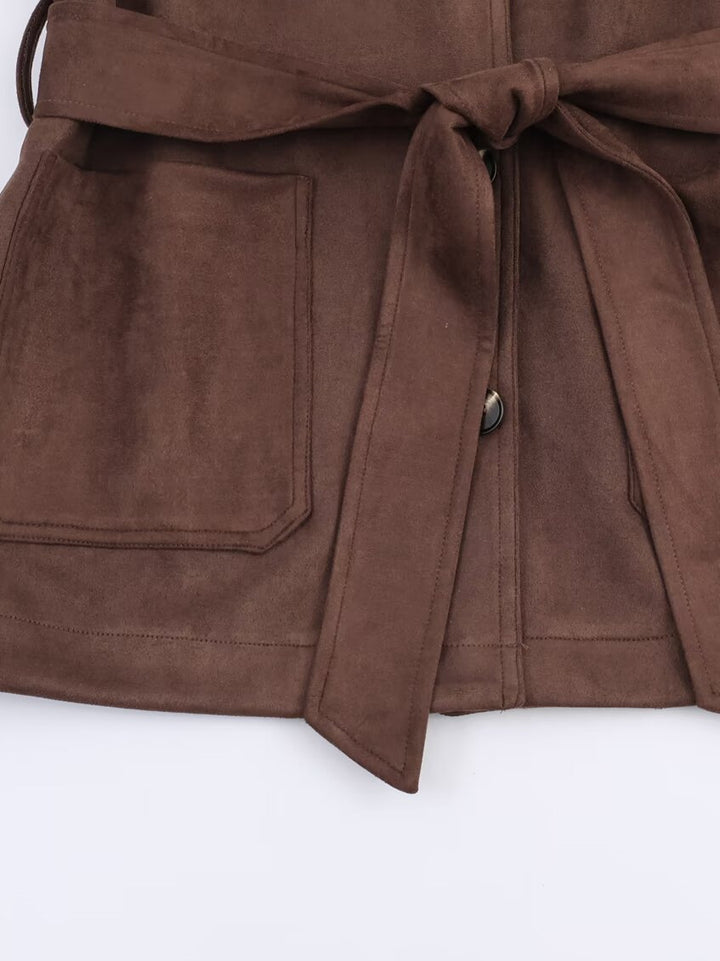 Damen eleganter Blazerjacke aus Kunstleder mit Taillengürtel Drune