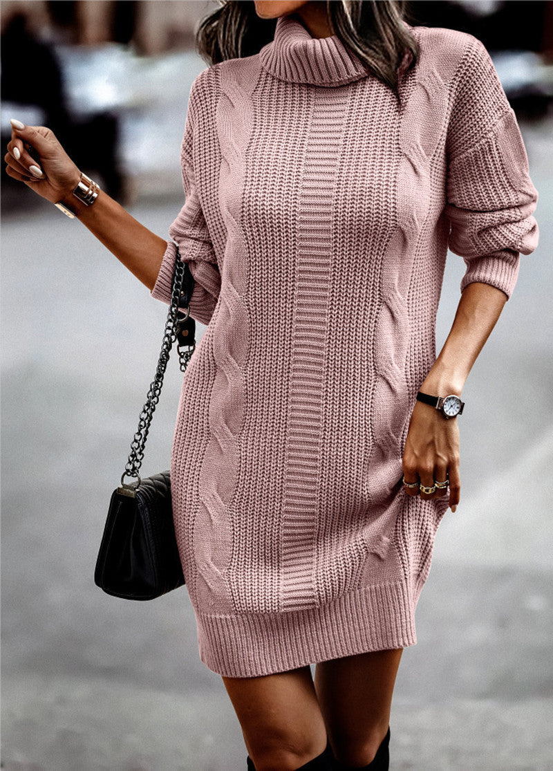 Damen Strickkleid mit hohem Kragen und Kordelmuster Drune