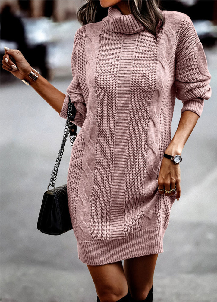 Damen Strickkleid mit hohem Kragen und Kordelmuster Drune