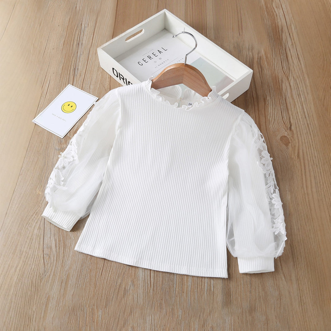 Mädchen Bluse mit Puffärmeln und floralem Spitzenbesatz Drune