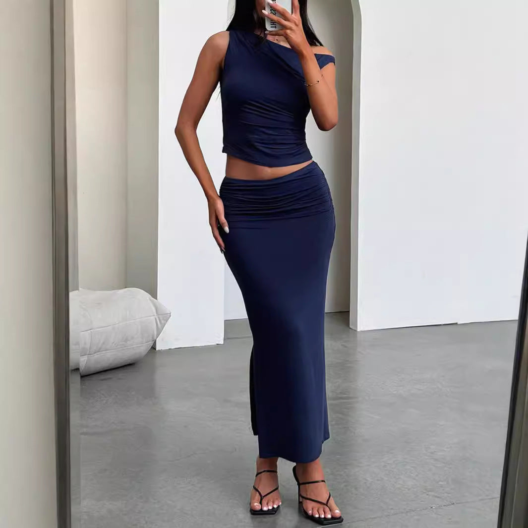 Damen Schickes Set mit asymmetrischem Oberteil und langem Rock Drune