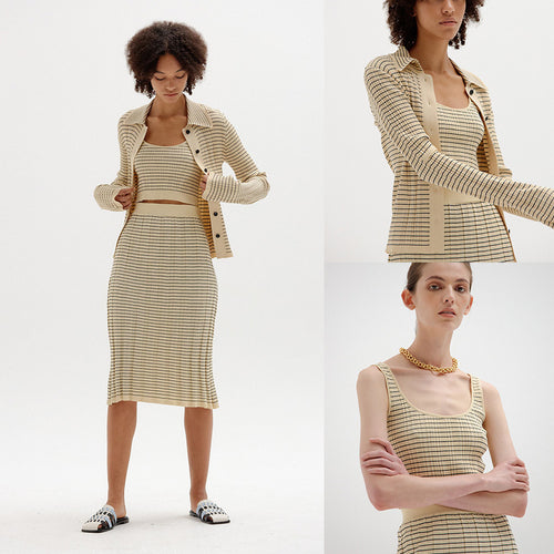 Damen elegantes Strickensemble mit Knopfleiste und hohem Kragen Drune