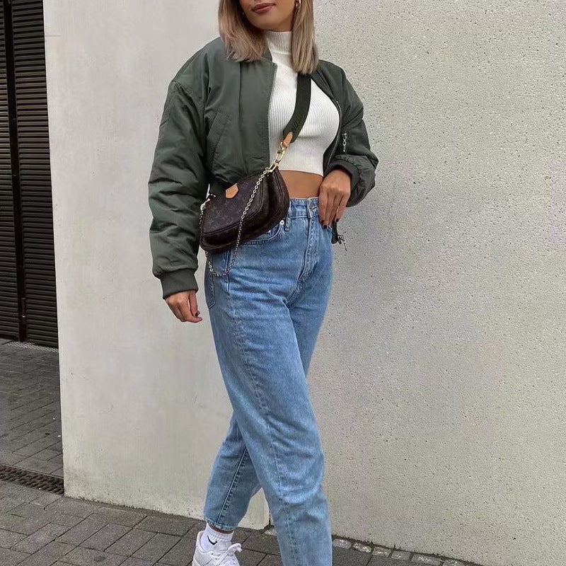 Damen modische cropped Bomberjacke mit praktischen Taschen und elastischen Bündchen Drune