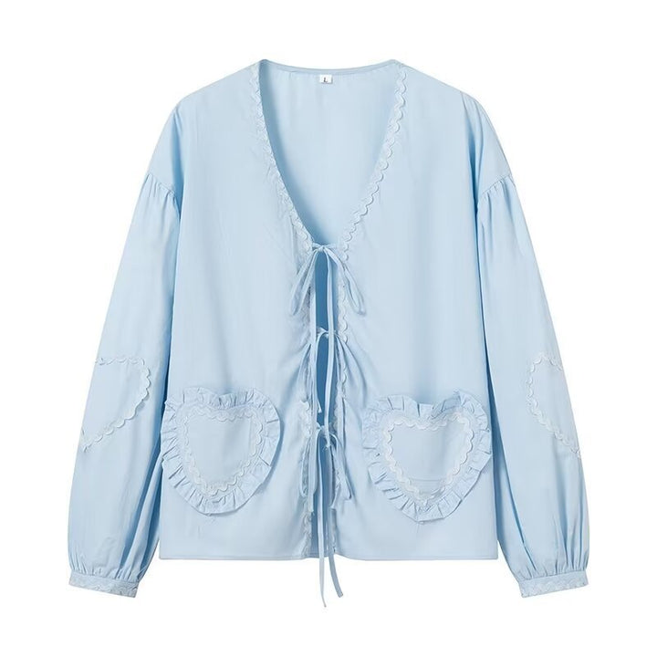 Damen Verspielte Bluse mit Herz-Applikationen und Rüschendetails Drune