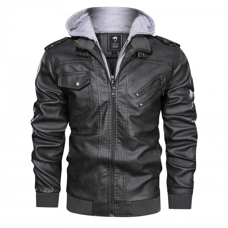 Herren Kunstlederjacke mit abnehmbarer Kapuze und praktischen Taschen Drune