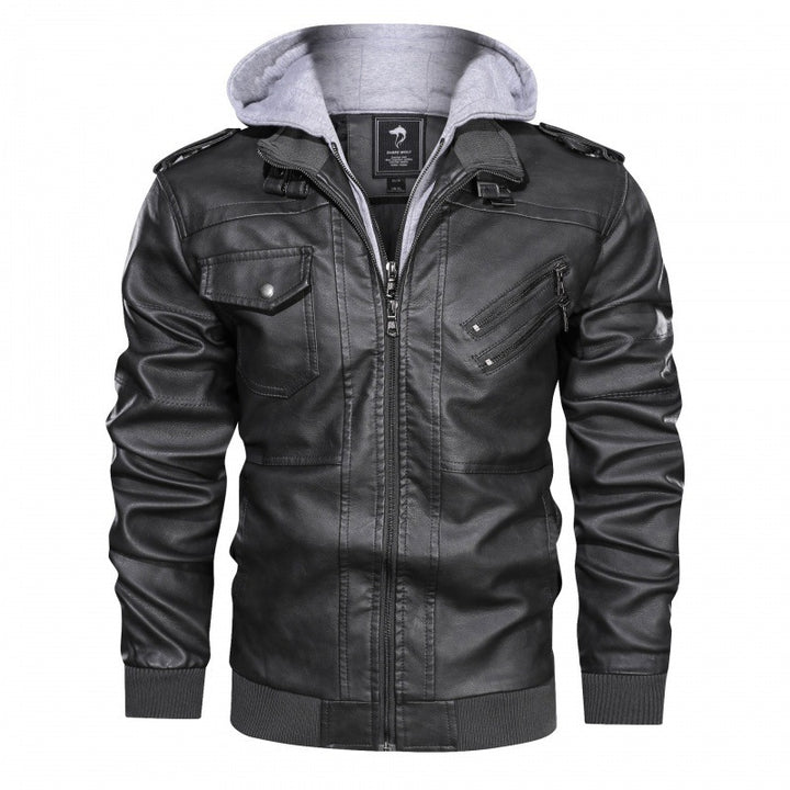 Herren Kunstlederjacke mit abnehmbarer Kapuze und praktischen Taschen Drune