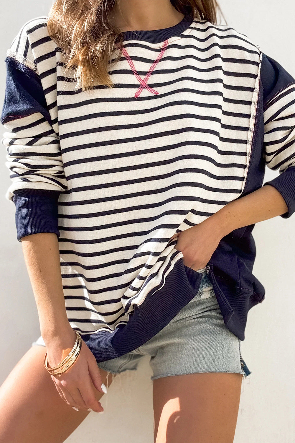 Damen gestreifter Sweatshirt mit übergroßem Schnitt Drune