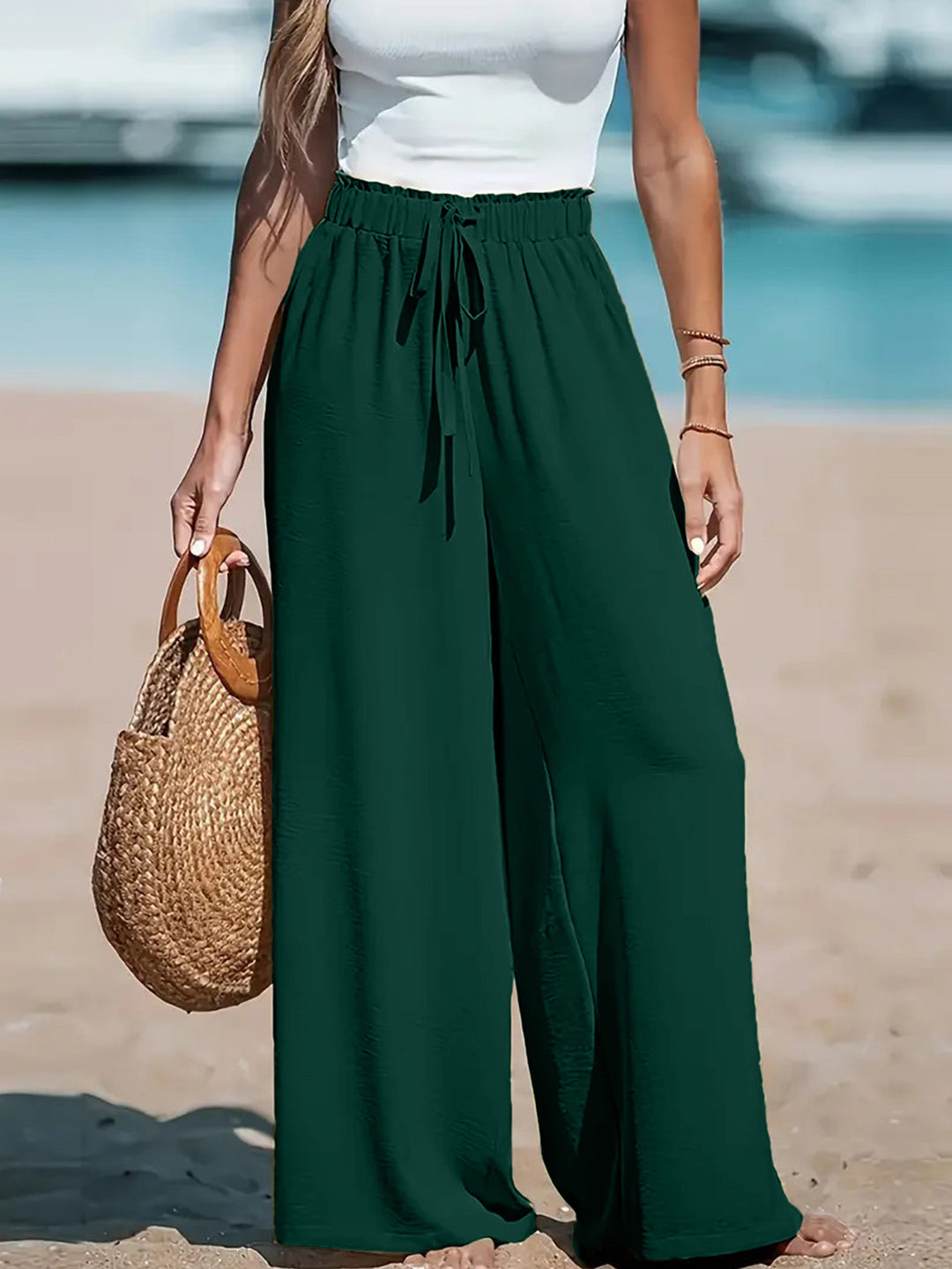 Damen weite und luftige Sommerhose mit elastischem Bund undSeitentaschen Drune