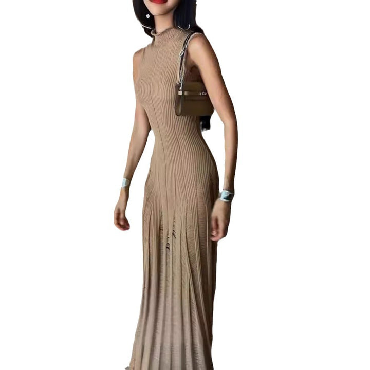 Damen Elegantes Maxikleid mit hochgeschlossenem Hals und raffiniertem Rippdesign Drune