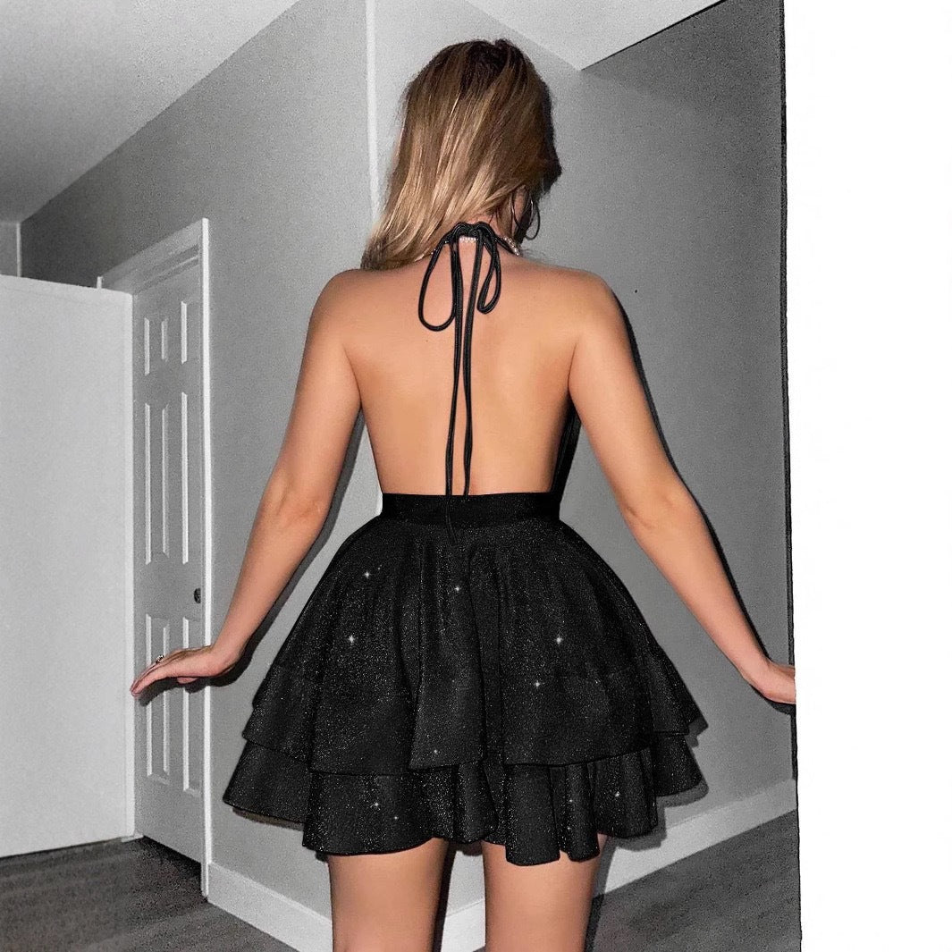 Damen Verspielt Glamouröses Minikleid mit tiefem V-Ausschnitt und schwingendem Rock Drune