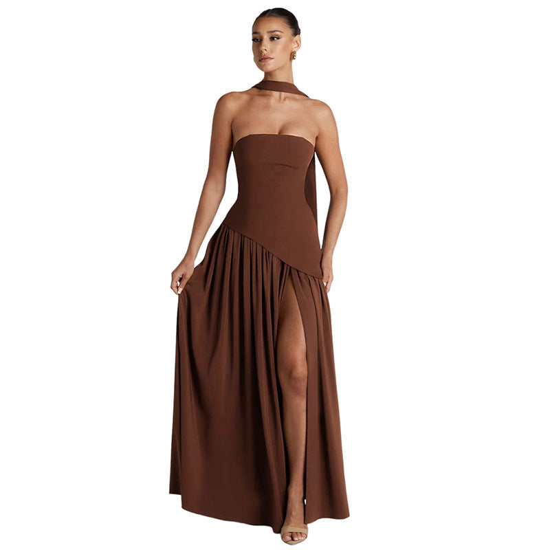 Damen Elegantes Maxikleid mit schulterfreier Silhouette und raffiniertem Schlitz Drune