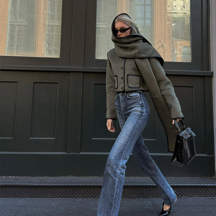 Damen Elegante cropped Jacke mit schickem Schal und raffinierten Taschen Drune