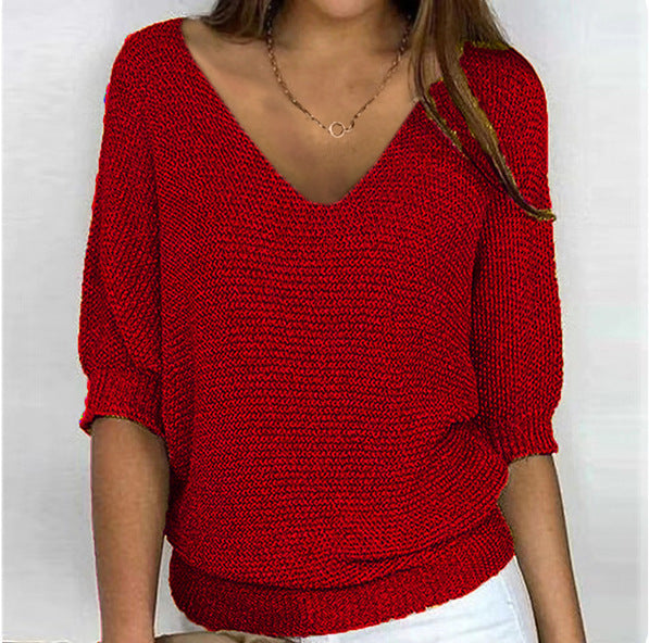Damen nan lässiger Strickpullover mit V-Ausschnitt und Fledermausärmeln Drune