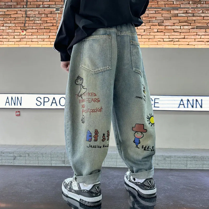 Damen lässige Baggy-Jeans mit einzigartigem Comic-Print Drune