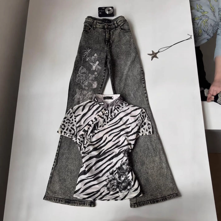 Damen Modisches T-Shirt mit tierischem Muster und dekorativem Kragen Drune