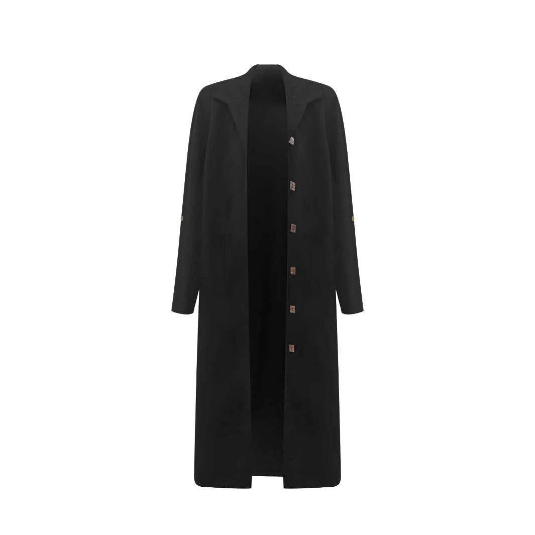 Damen Lange Oversized Jacke mit eleganten Knopfdetails und tiefem Kragen Drune