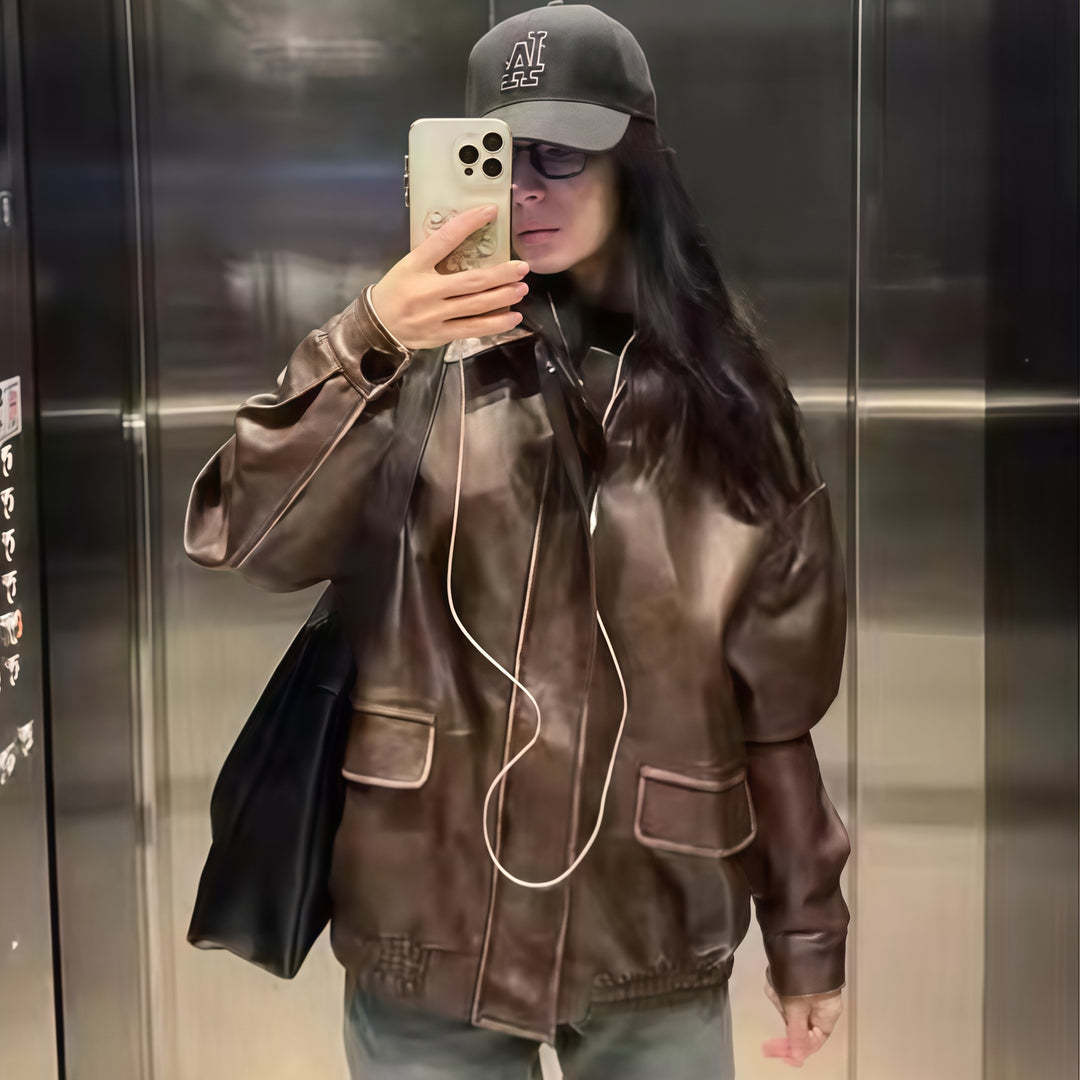 Damen modische oversized Lederjacke mit strukturiertem Design Drune