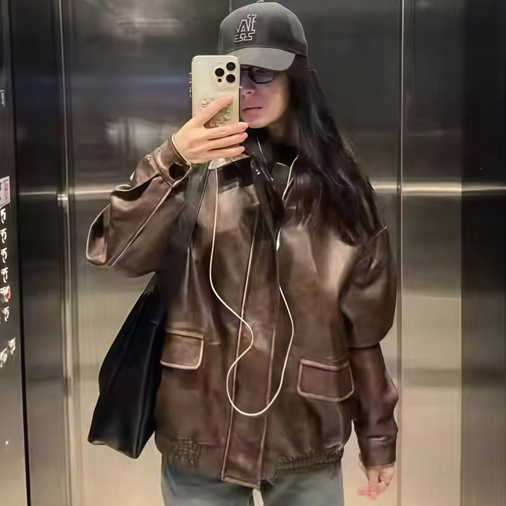 Damen modische oversized Lederjacke mit strukturiertem Design Drune