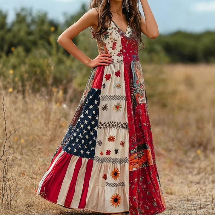 Damen Baumwoll Maxikleid mit Muster Mix und V-Ausschnitt Drune