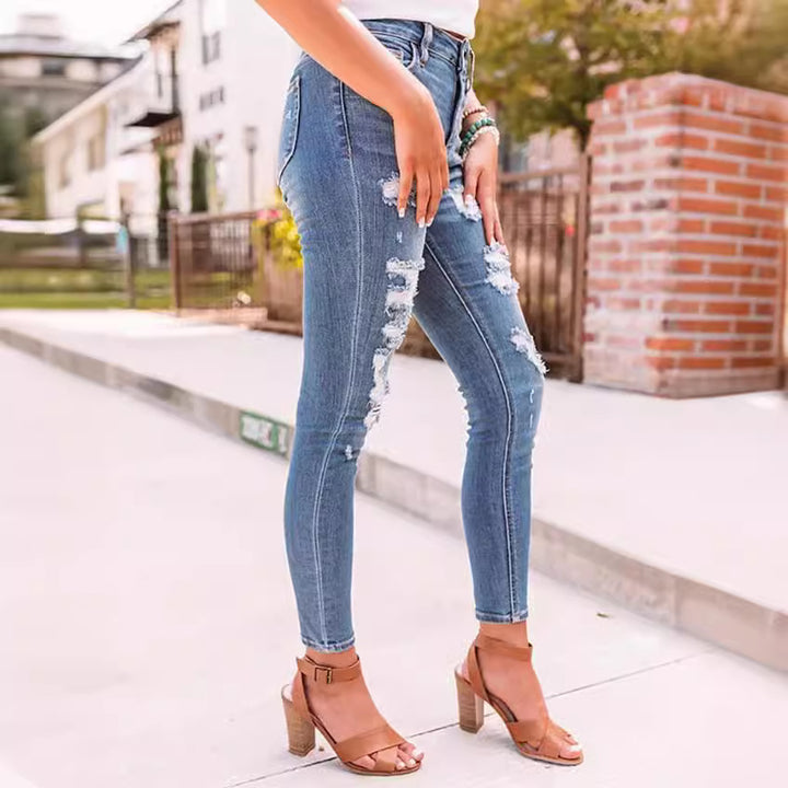 Damen nan hochgeschnittene Ripped-Skinny-Jeans mit Stretch, Five‑Pocket und figurformender Passform Drune