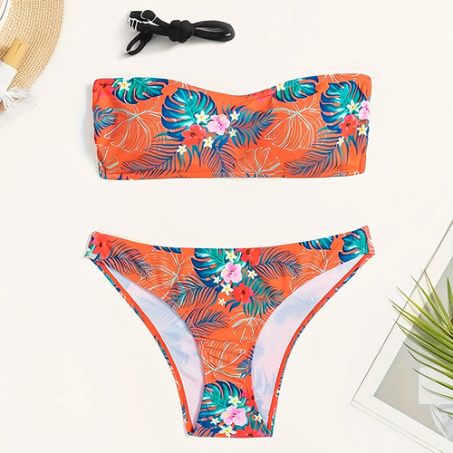Damen Bandeau-Bikini-Set mit tropischem Druck und bequemen Trägern Drune