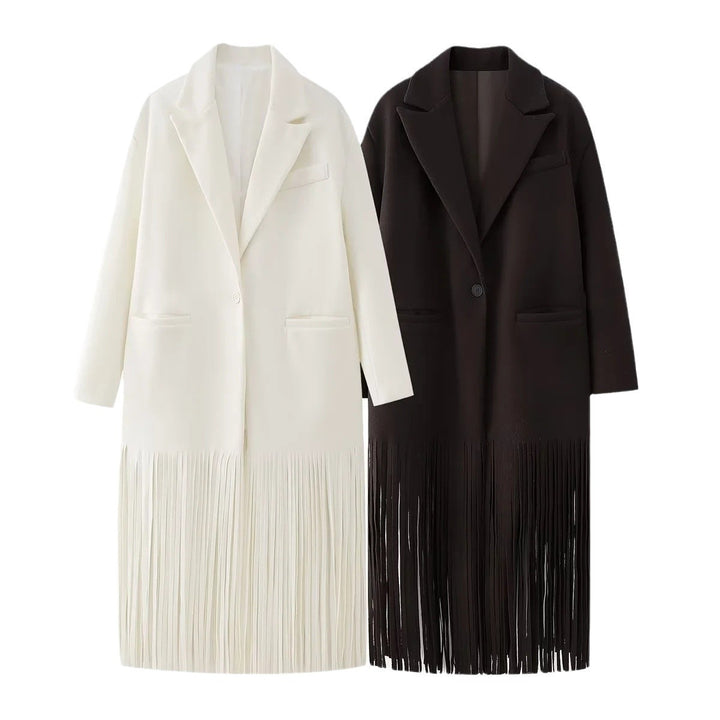 Damen elegante Longjacke mit Fransen Drune