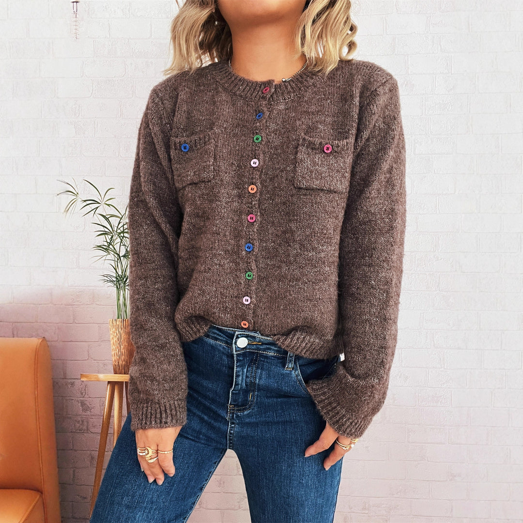 Damen kuschelige Strickjacke mit bunten Knöpfen und zwei Taschen Drune