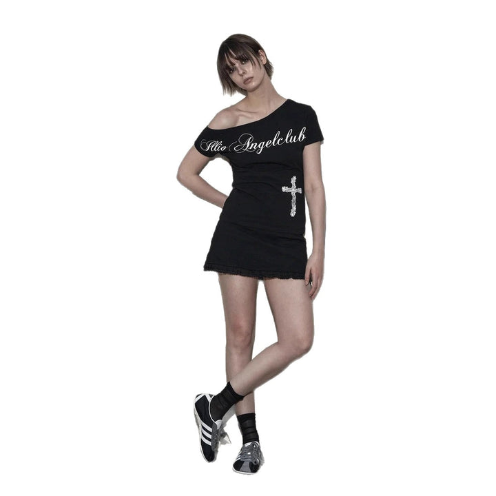 Damen Off-Shoulder T-Shirt mit Kreuzmotiv Drune