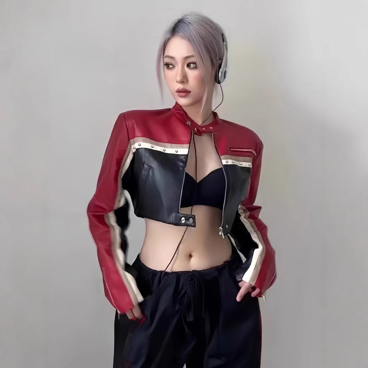 Damen trendige cropped Lederjacke mit einzigartigen Farbakzenten Drune