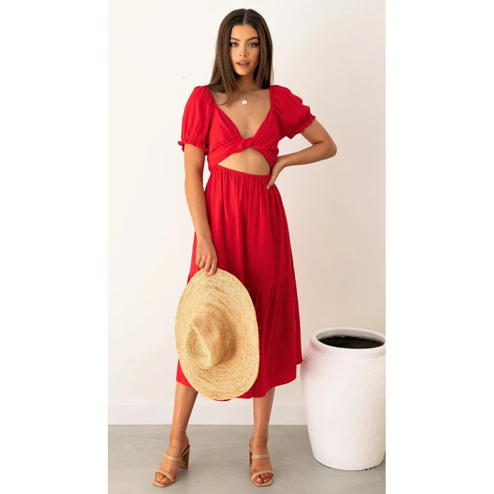 Damen Midi-Kleid mit verspielten Cut-Outs und Bindedetails Drune