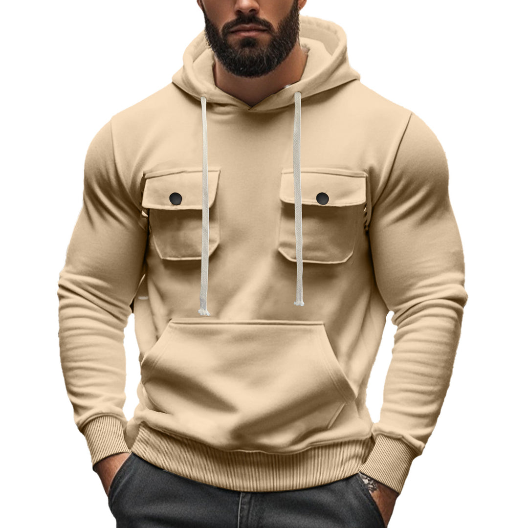 Herren nan sportiver Kapuzenpullover mit aufgesetzten Klappentaschen, Kängurutasche und schmalem Saum Drune