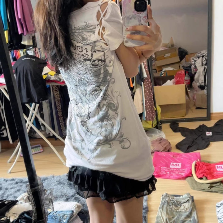 Damen Elegantes T-Shirt mit dekorativen Schnürdetails Drune