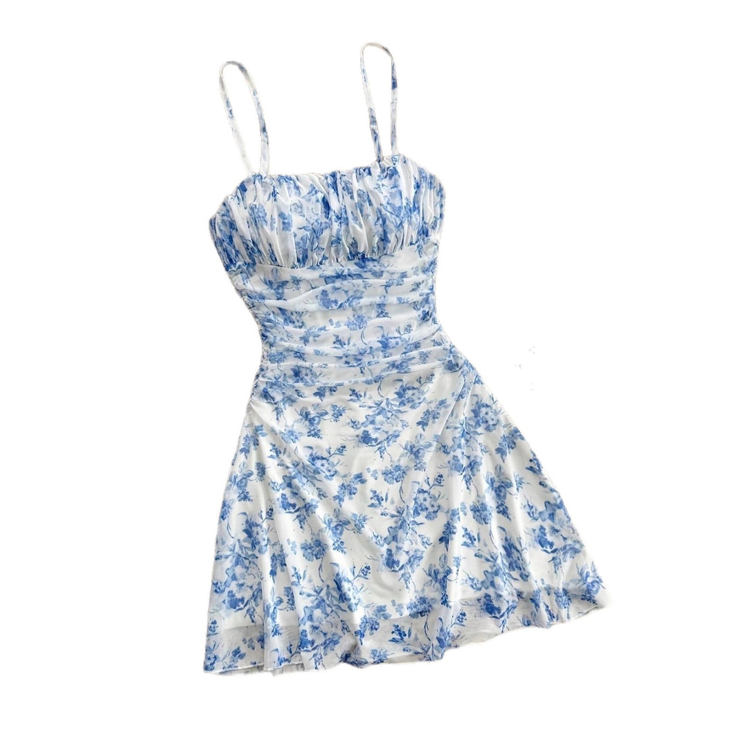 Damen Sommerliches Blumenkleid mit Spaghetti-Trägern und Raffungen Drune