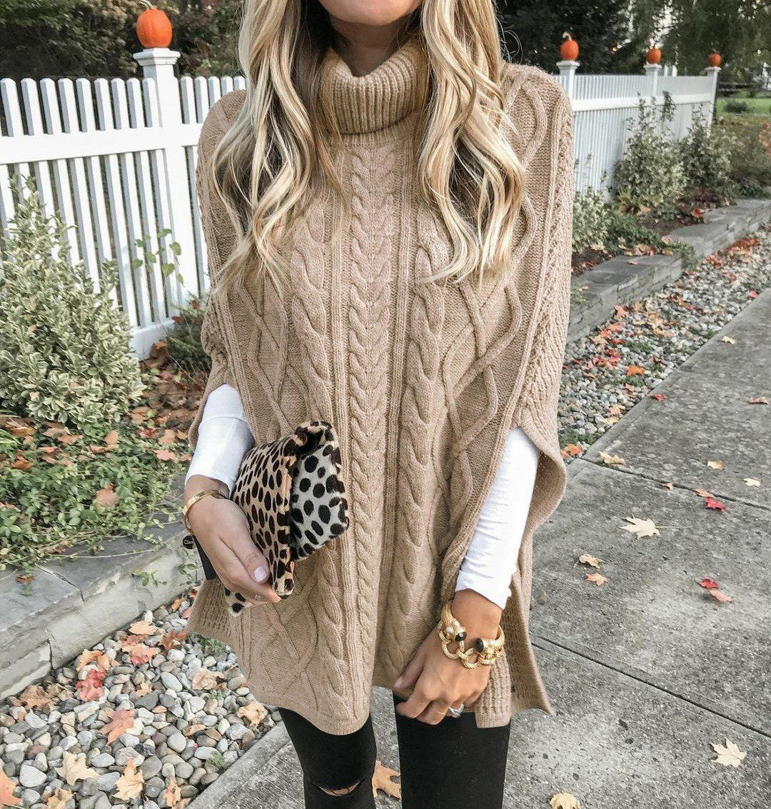 Damen Strickponcho mit hohem Kragen und strukturiertem Kabelmuster Drune
