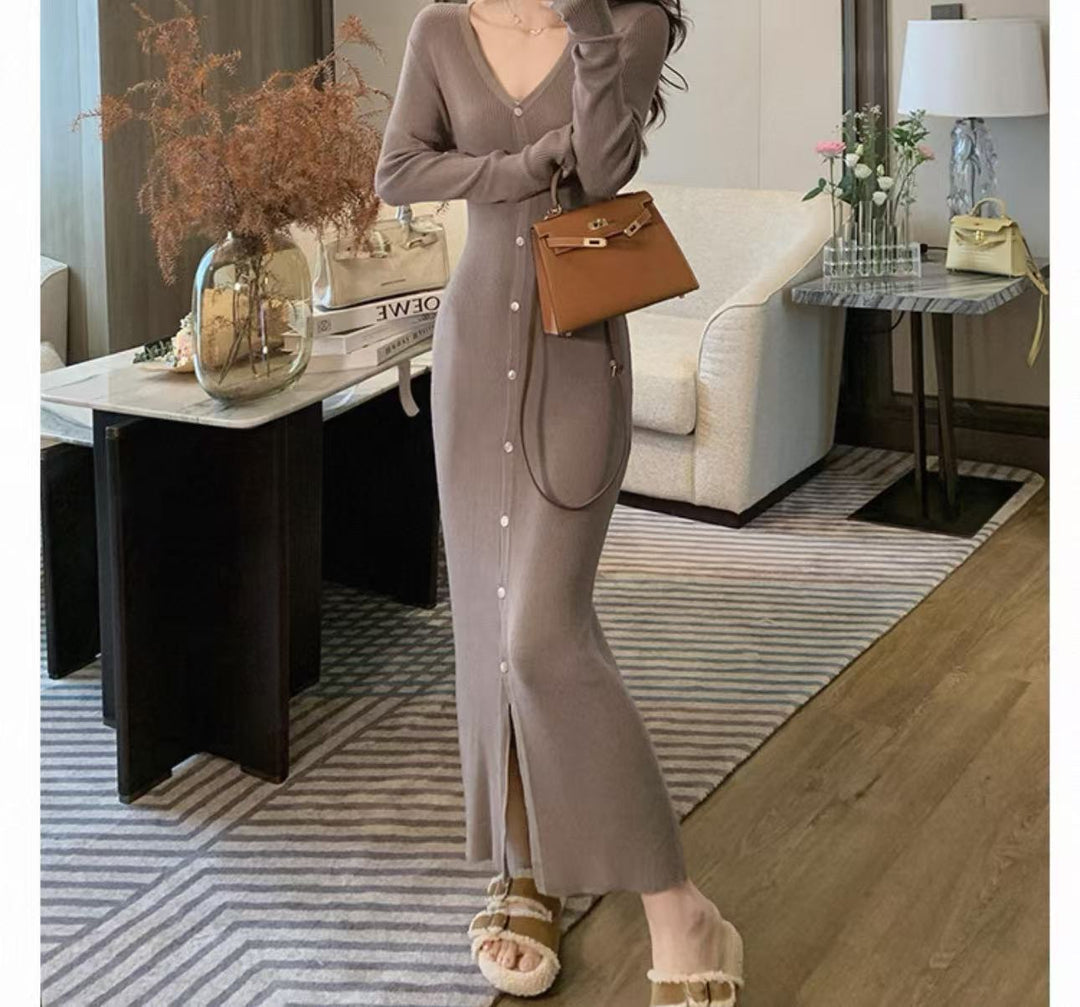 Damen Elegantes Maxikleid mit Knopfdetails und V-Ausschnitt Drune