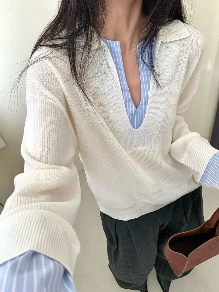 Damen Eleganter Pullover mit eingesetztem Hemdkragen Drune
