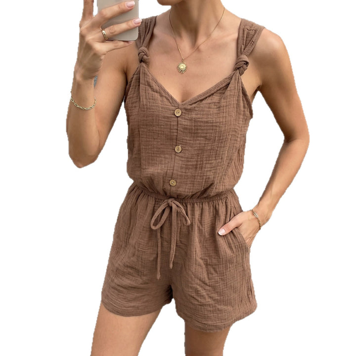 Damen lässiger Jumpsuit mit knöpfbarem V-Ausschnitt und elastischem Bund Drune